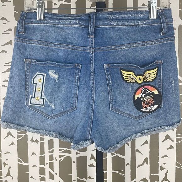 Express High Waist Cut Off Jean Shorts with Patches 6 - Picture 2 of 11